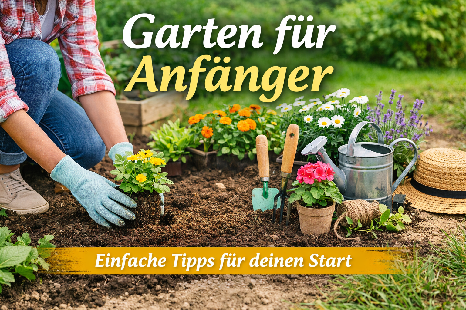 Anfänger beim Pflanzen von Blumen im Garten mit Werkzeugen und bunten Pflanzen – einfache Gartentipps für Einsteiger