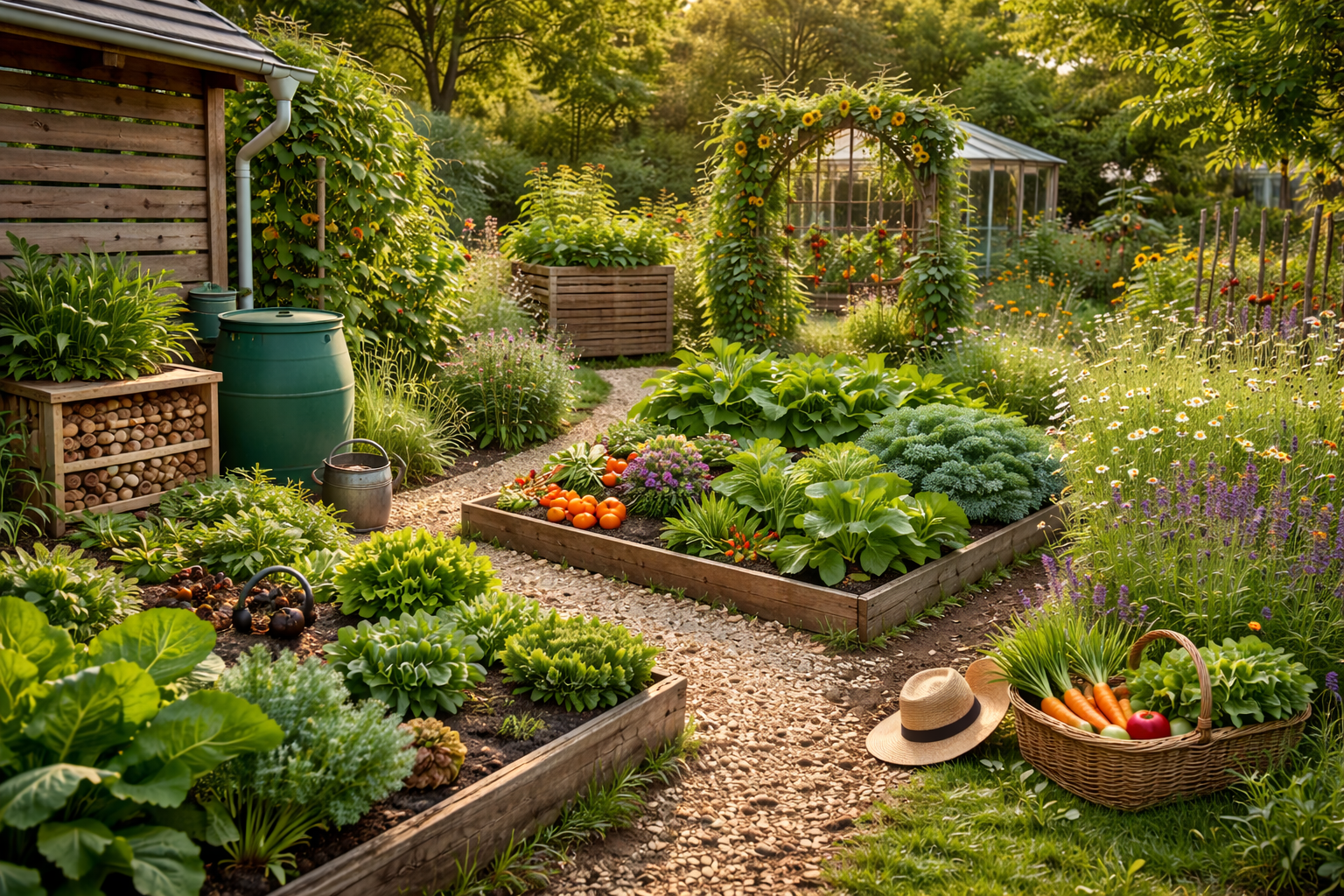 Nachhaltigen Garten gestalten mit Hochbeeten, Regenfass, Gemüseanbau und insektenfreundlicher Bepflanzung für umweltfreundliche Gartengestaltung