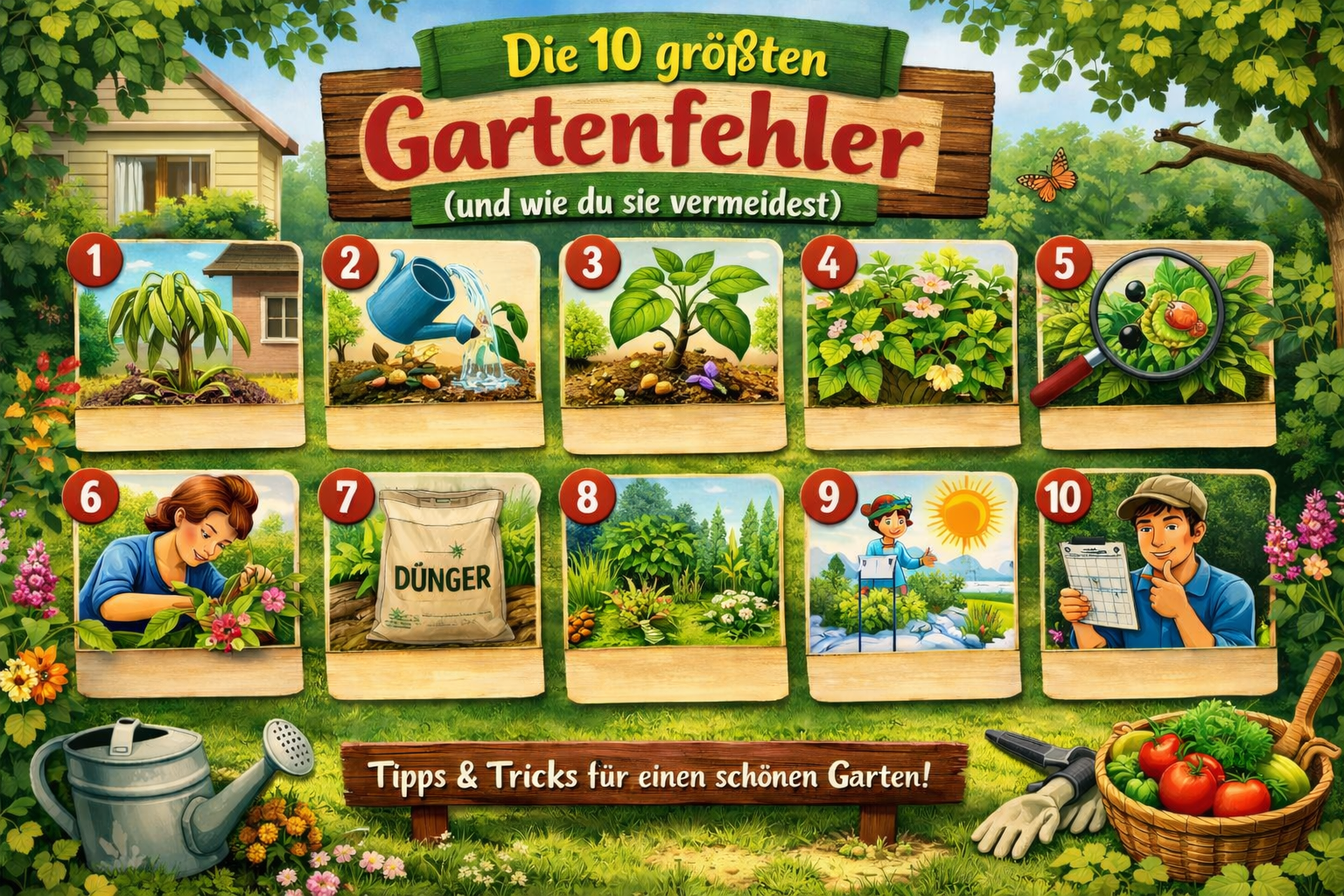Infografik zu den 10 größten Gartenfehlern mit Tipps zur Vermeidung, darunter falscher Standort, zu viel oder zu wenig Gießen, schlechter Boden, falscher Pflanzabstand, Schädlinge, falscher Rückschnitt, fehlende Düngung, Unkraut, falsches Timing und fehlende Gartenplanung.