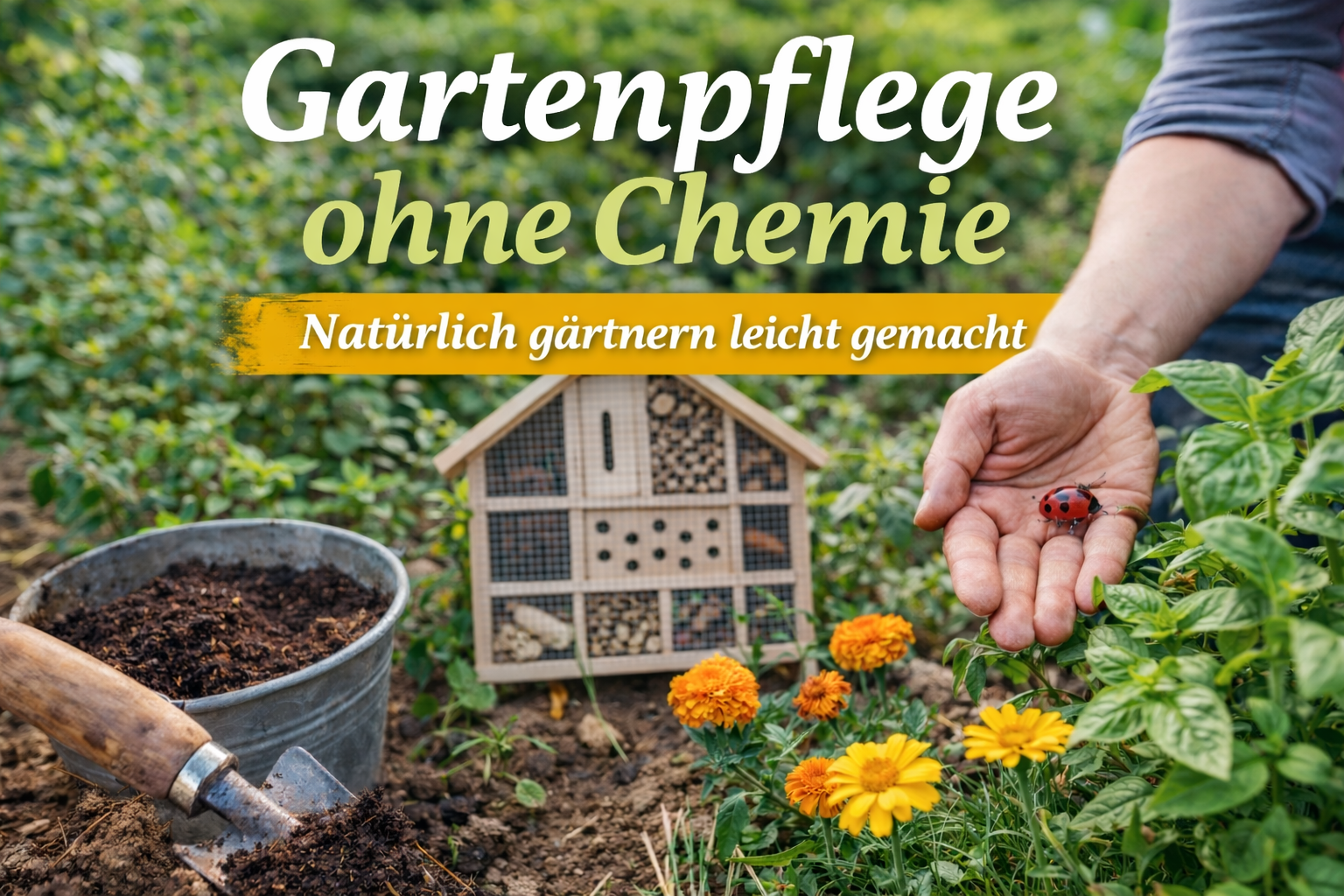 Gartenpflege ohne Chemie: Natürlicher Garten mit Insektenhotel, Marienkäfer und blühenden Pflanzen für nachhaltiges Gärtnern