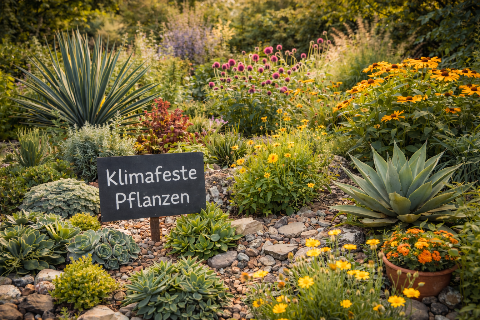Klimafester Garten mit trockenheitsresistenten Pflanzen wie Lavendel, Ziergräsern, Sukkulenten und Sonnenhut, gestaltet mit Natursteinen, Kiesweg und nachhaltigen Elementen unter sonnigem Himmel