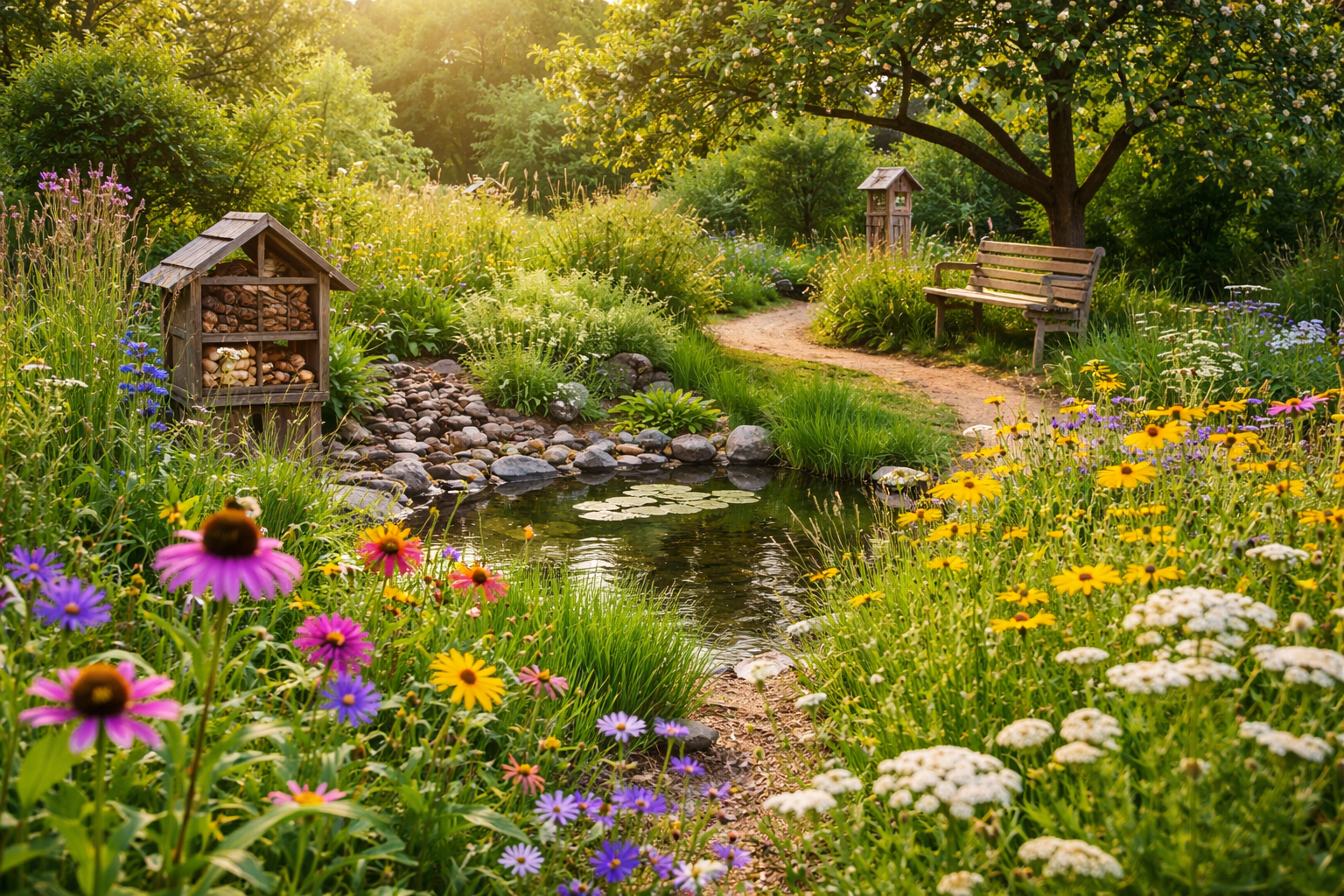 Naturnaher Garten mit Blumenwiese, kleinem Teich, Insektenhotel und Sitzbank unter einem Baum